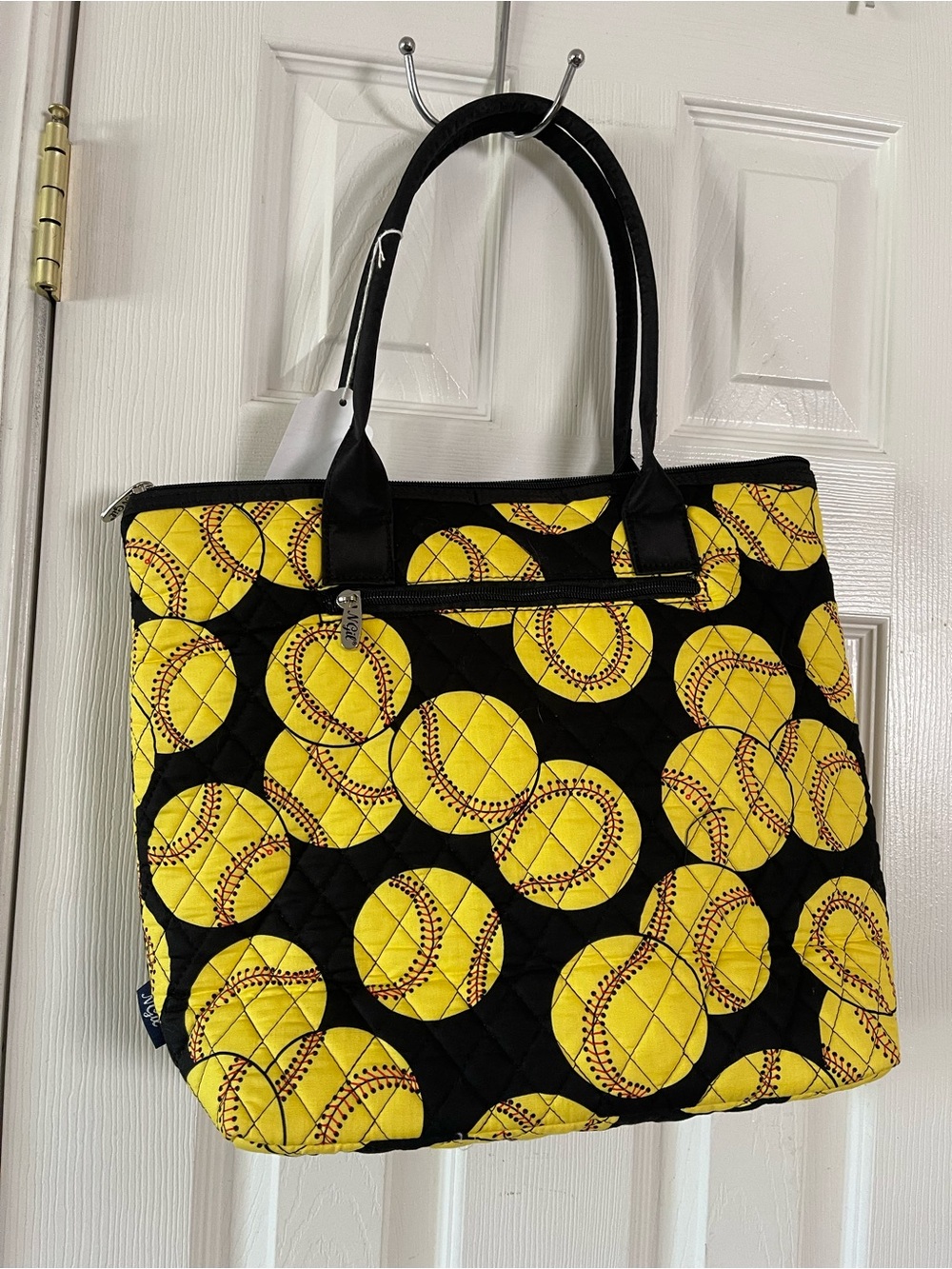 Black Quilted Tote with Yellow Baseball Print